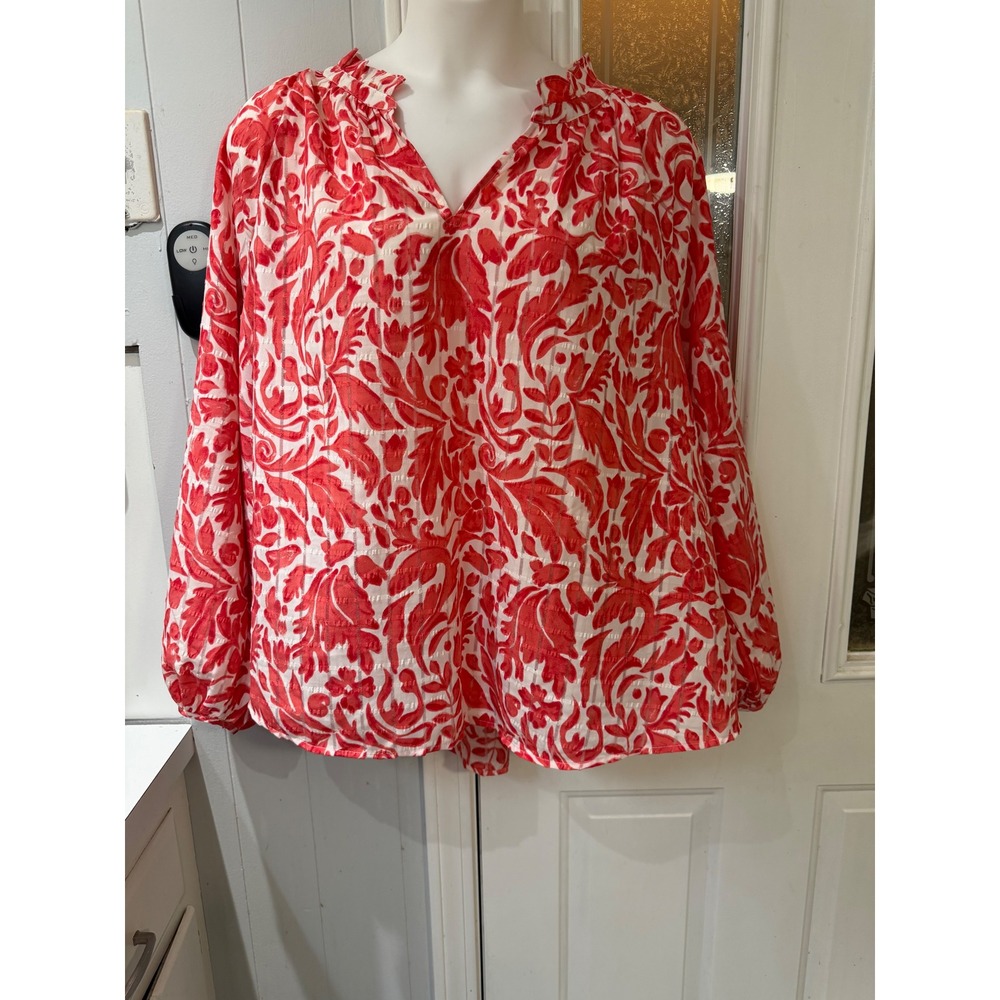 Lane Bryant Red White Floral Damask Ruffle Neck Blouse Plus Size 26/28